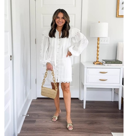 FARM RIO ANTHRO NWT White Embroidered Peter Pan Collared Long Sleeve Mini Dress - Picture 7 of 17